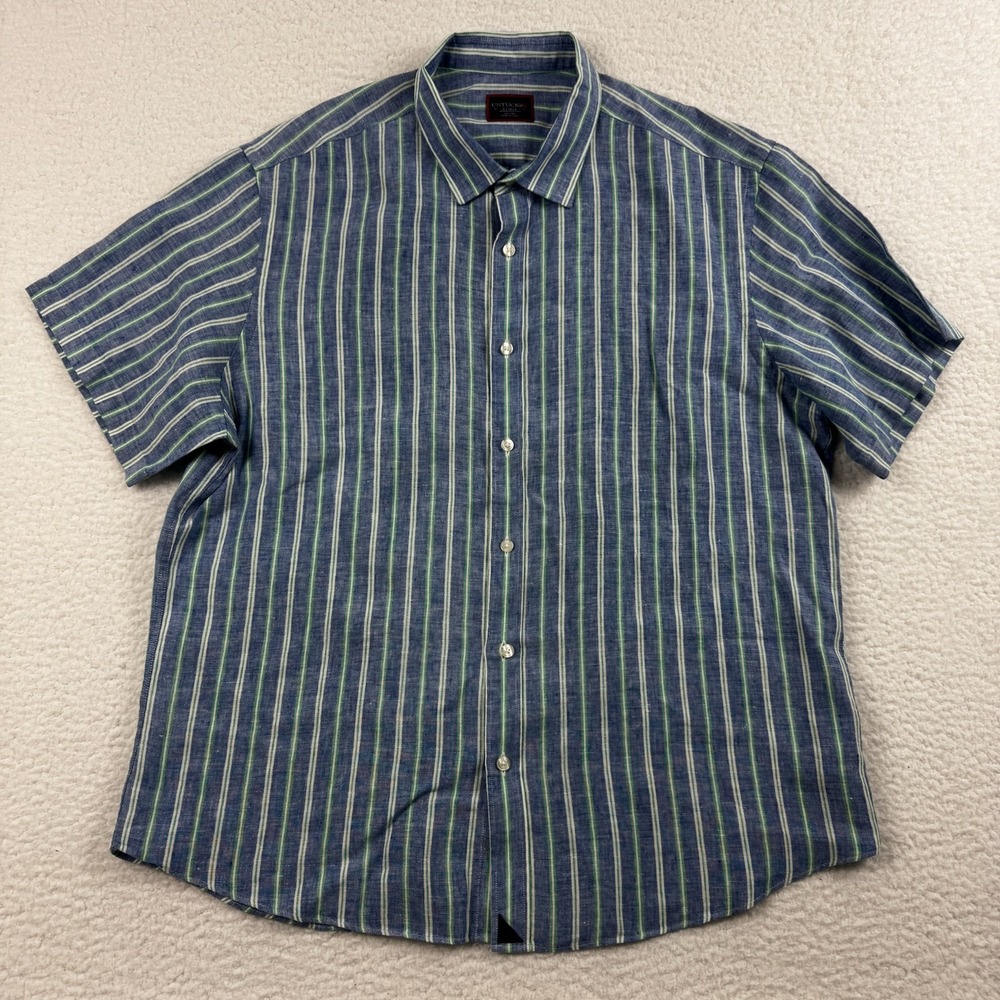 Untuckit Francois Shirt Mens XL Blue Green Linen Striped Button Up